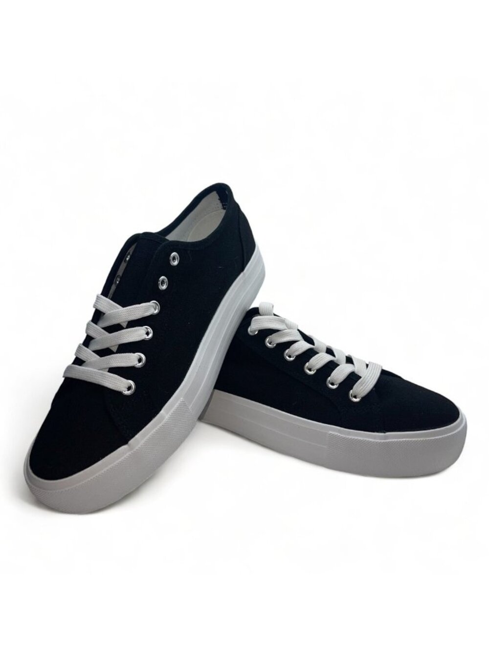 Women's casual sneakers in black canvas with white laces and soles, Size 10, New